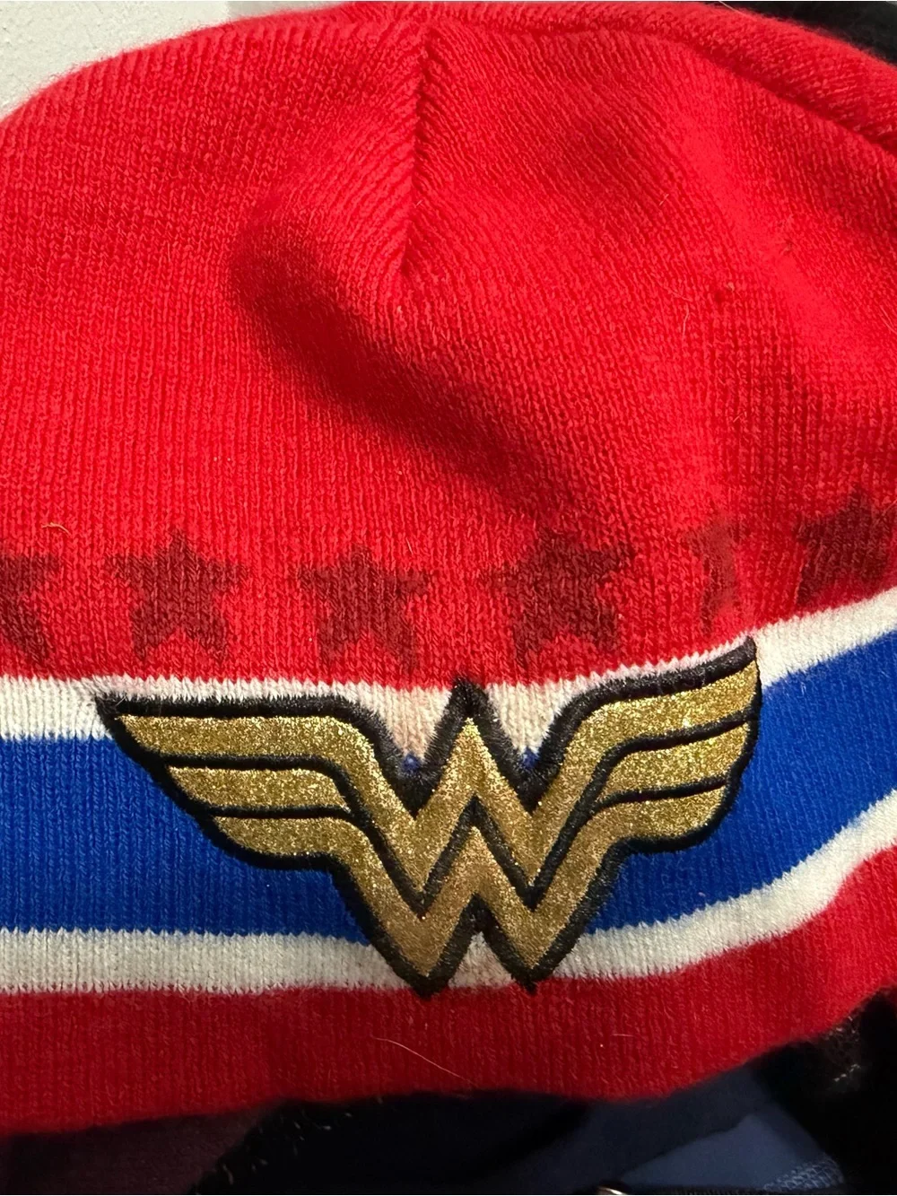 Wonder Woman Gold Emblem Knit Beanie - Red/Blue/White